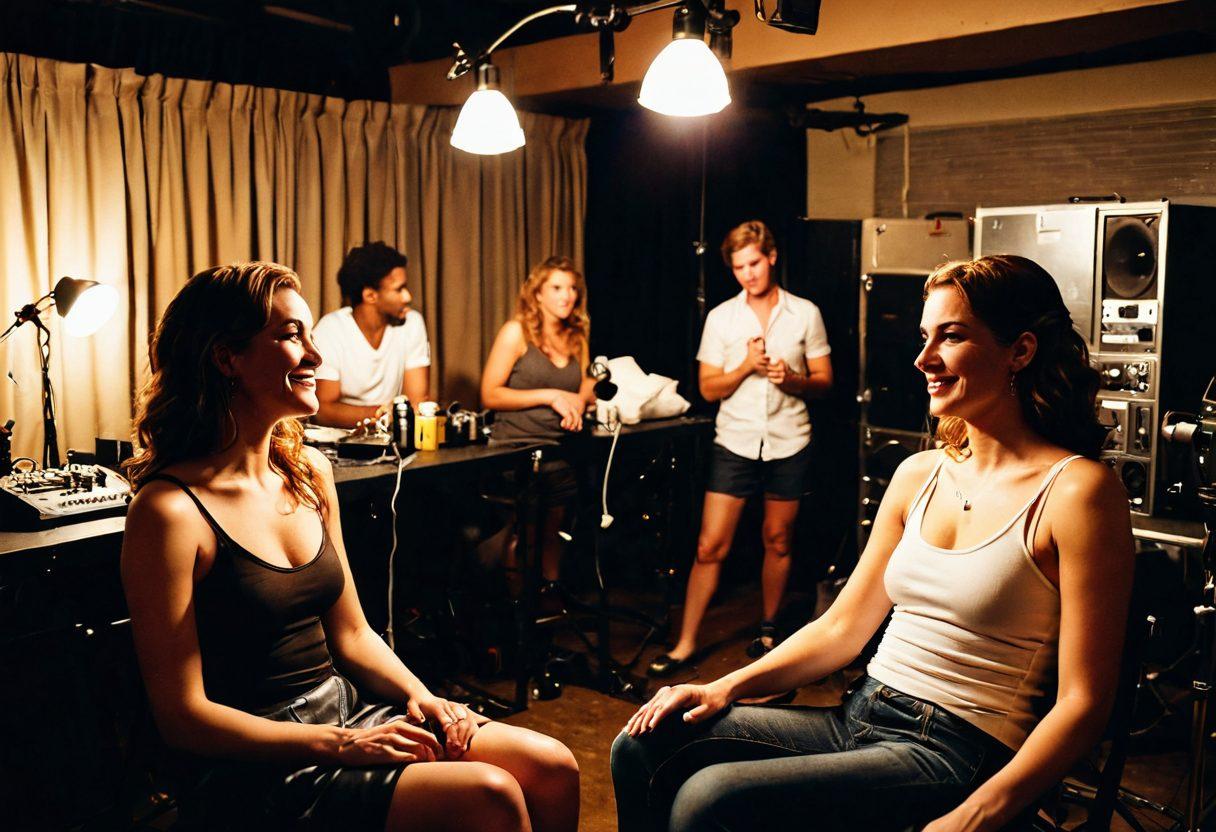 A dimly lit backstage scene featuring diverse adult stars in casual moments, laughing and relaxing, surrounded by film equipment and soft lights. Include multiple personalities showcasing their unique styles, capturing the candid essence of their daily lives. Subtle hints of glamour and authenticity, evoking the duality of their careers in the adult entertainment industry. intimate, documentary style. warm tones. natural lighting.